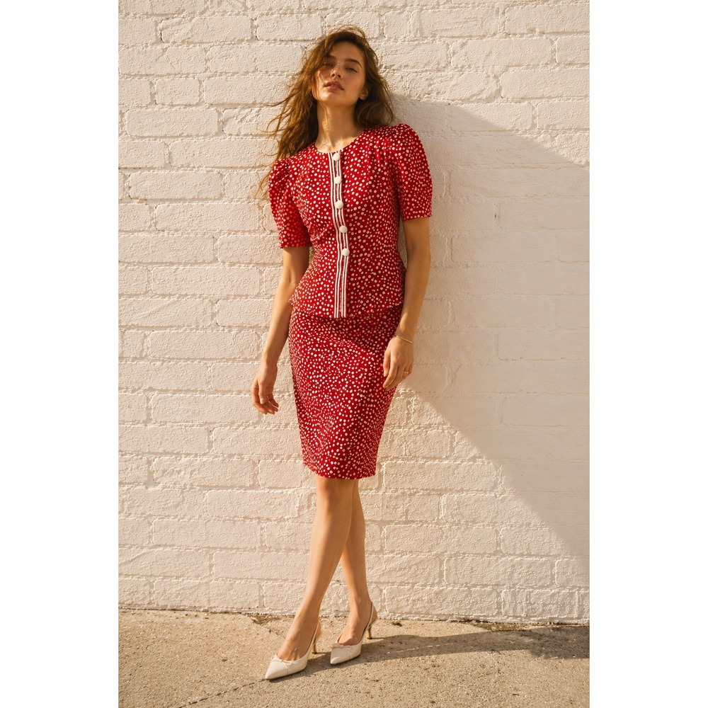 Vintage Leslie Fay Red Polka Dot Skirt Set Peplum 80s Pinup‎ Rockabilly S